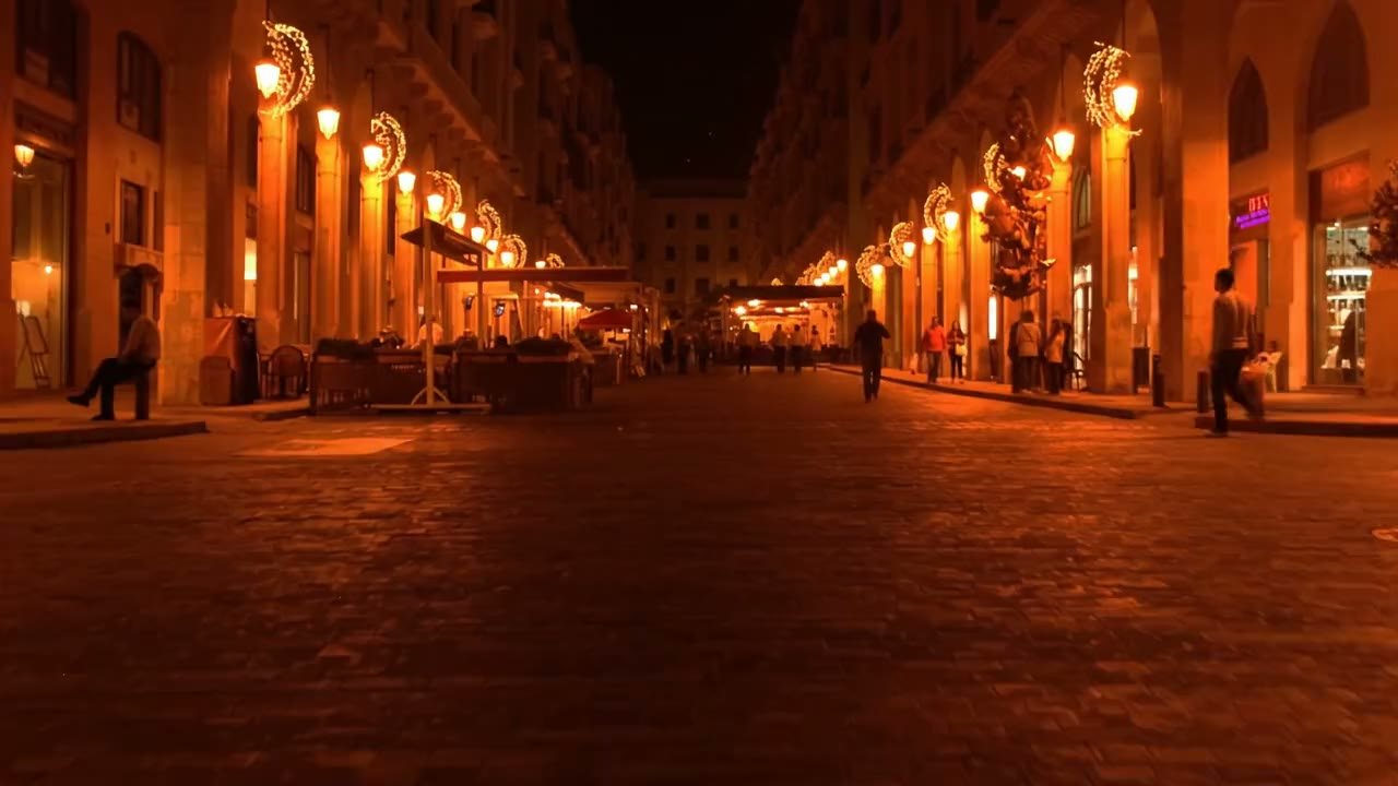 Arcaded street in downtown Beirut in warm evening light