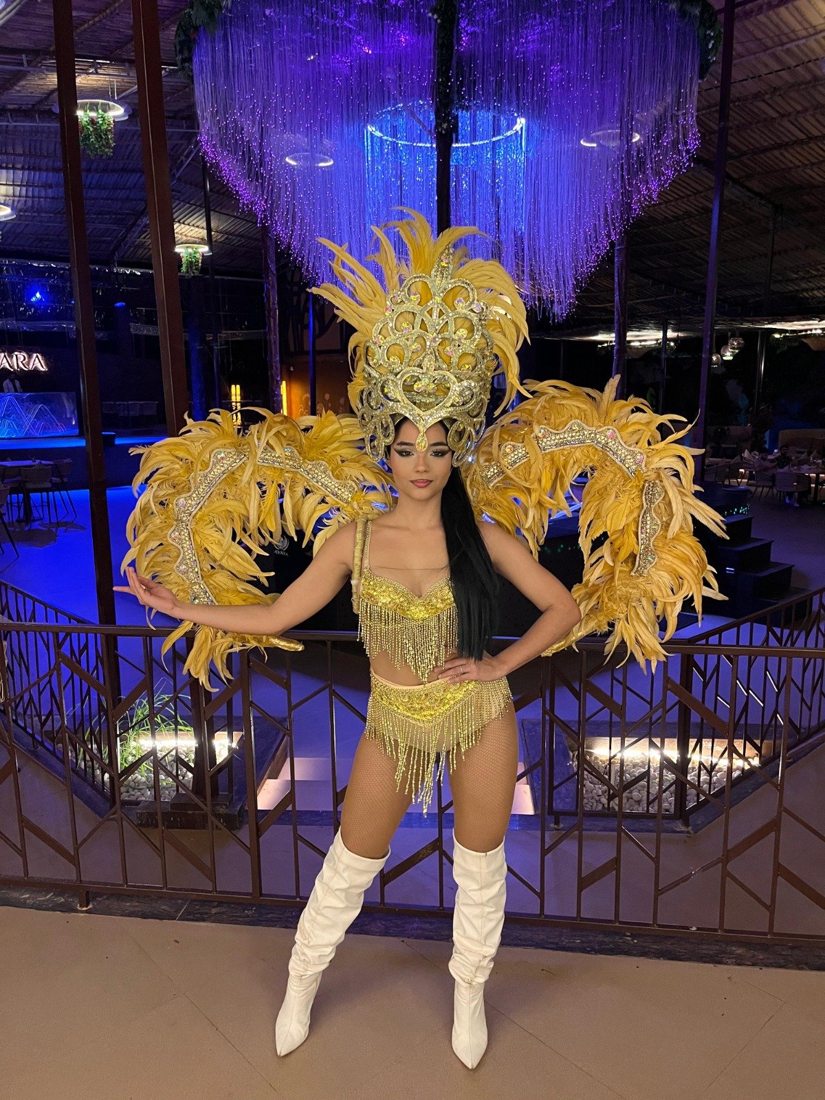 Samba dancer in a gold feathered carnival headdress and wings